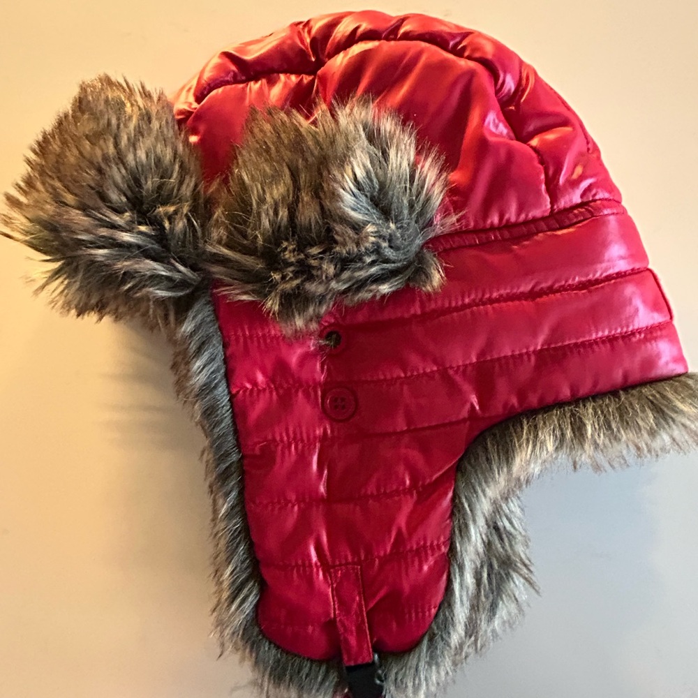 HBC Red Quilted Trapper Hat with Faux Fur Trim Adults L/XL